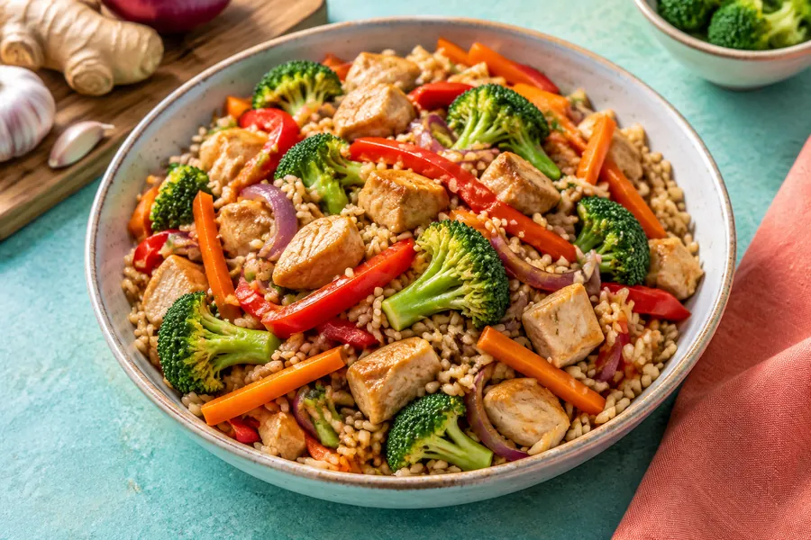 Wok de arroz con pollo y vegetales
